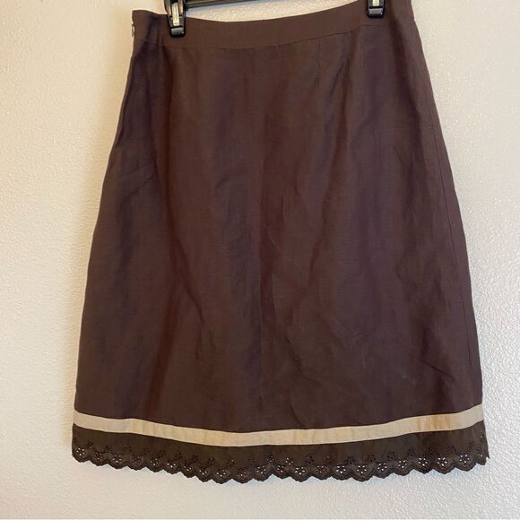 Ann Taylor Loft floral embroidered brown linen blend lined A line skirt midi -6 - Picture 4 of 10